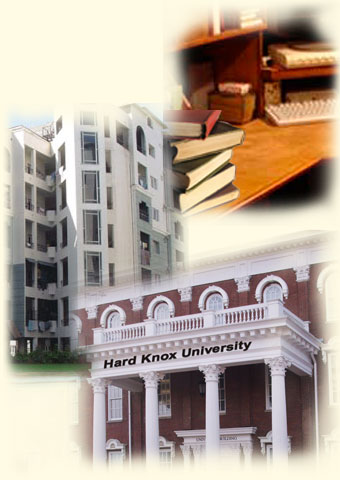Photo collage of university, an apartment complex, and books stacked up on a desk.