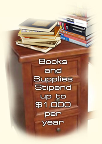 Graphic of a desk with text books with "Books and Supplies Stipend up to $1,000 per year" superimposed on it.
