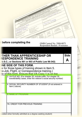 VA Form 22-1999 Enrollment Certification with green highlight around blocks 2 and 4.