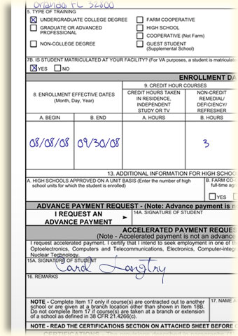 Graphic of VA Form 22-1999 with the section on remedial course hours completed.