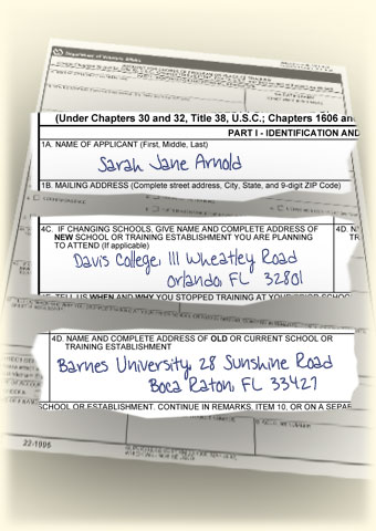 VA Form 22-1995 filled out with Sarah's specific information.
