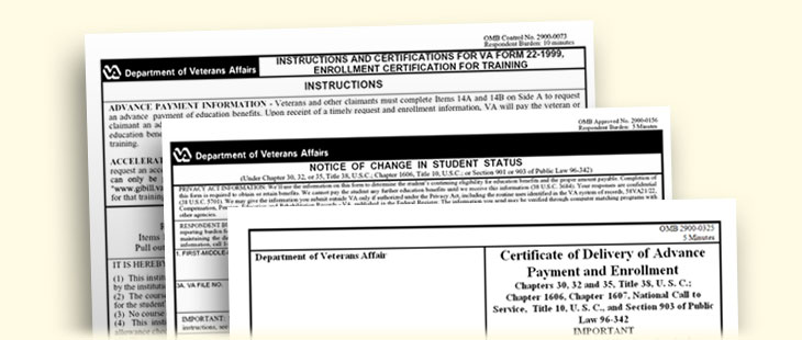 Graphic collage of VA Form 22-1999, VA Form 22-1999b, and VA Form 22-1999v.