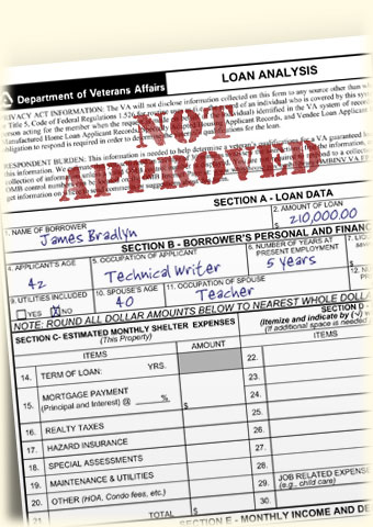 Graphic of an application for a VA home loan with the words "NOT APPROVED" in red written across the application.