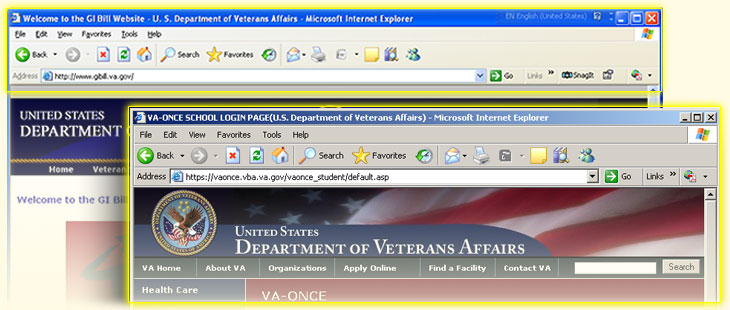 Graphic of the GI Bill website and the VA-ONCE website used as clickable images to advance to the next screen.